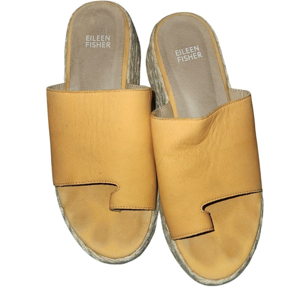 Eileen Fisher tarry toe Leather Espadrille Wedge Sandals Toe Loop Slide 7.5